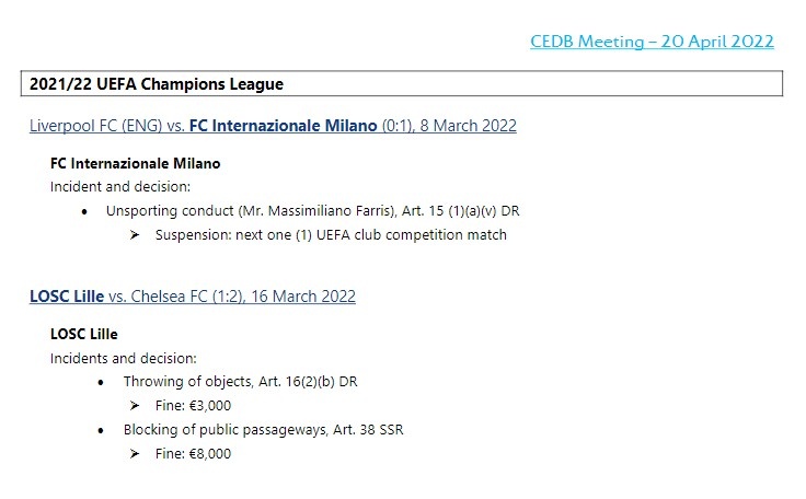 欧足联公布纪律处分:曼联、利物浦各被罚款1万欧,国米助教停赛