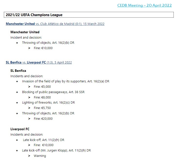 欧足联公布纪律处分:曼联、利物浦各被罚款1万欧,国米助教停赛