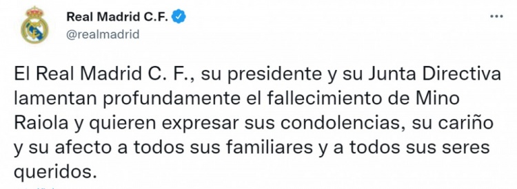 皇马官方悼念拉伊奥拉 目前该动态已删除