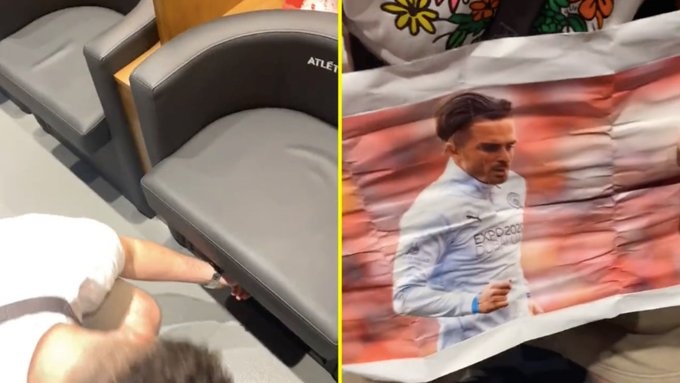 惊喜?曼城球迷参观马竞更衣室,将格拉利什照片藏在萨维奇座位下