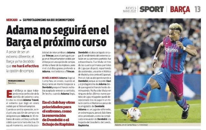 阿达马不会留在巴萨,续约登贝莱和签下拉菲尼亚是球队的第一选择