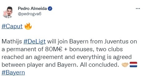 记者：拜仁&尤文就德里赫特转会达协议，转会费8000万欧+奖金