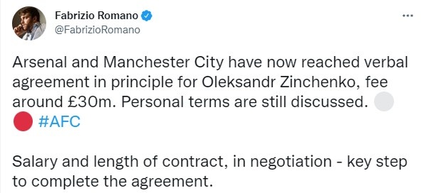 罗马诺：阿森纳与曼城就津琴科交易达口头协议，转会费约3000万镑