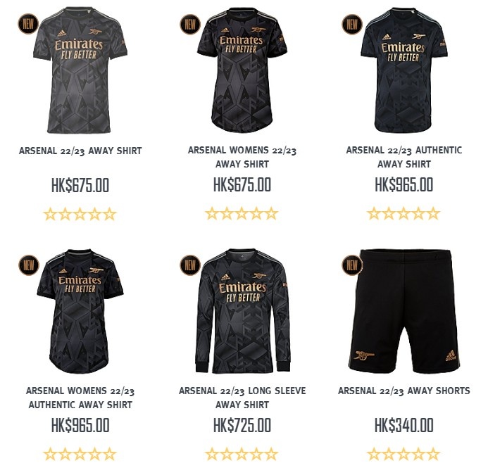 阿森纳新赛季客场球衣开售 黑灰打底搭配金色印字