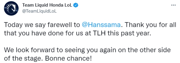 TL官推发布人员变动公告：Hans Sama离开TL成为自由人