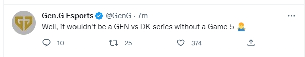 GEN.G官推：如果打到第五场，那就不是GEN对DK的比赛了 ?