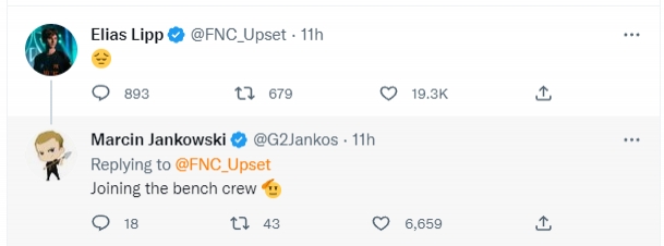 Upset：新赛季没找到合适队伍 Jankos回复：加入我们冷板凳大军吧