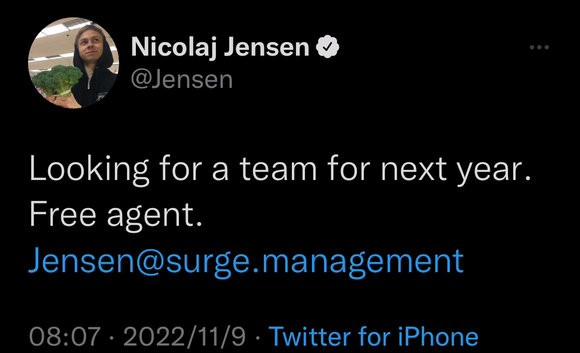 C9中单Jensen更推：明年要找队伍了，现在是自由人