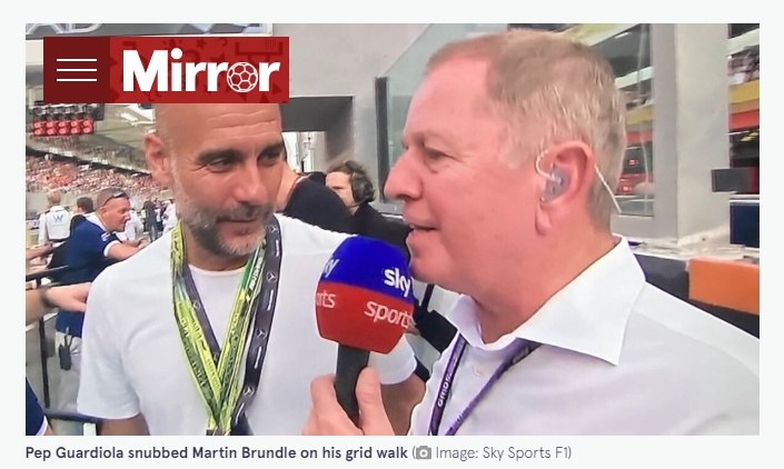 记者在F1现场偶遇瓜帅，想采访其有关足球的话题但遭拒绝