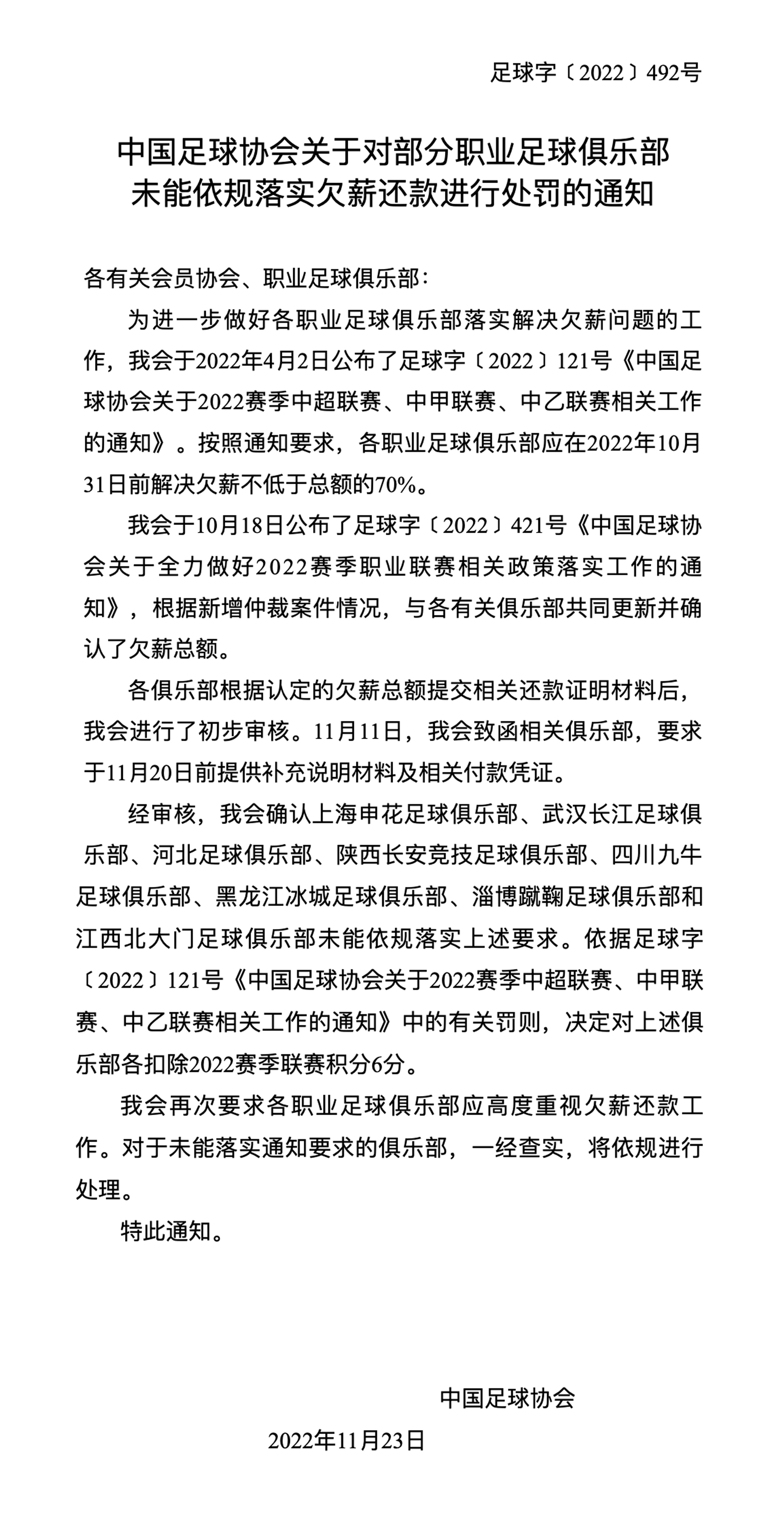 官方：未按时清偿欠薪，申花、武汉长江、河北等8家俱乐部扣除6分