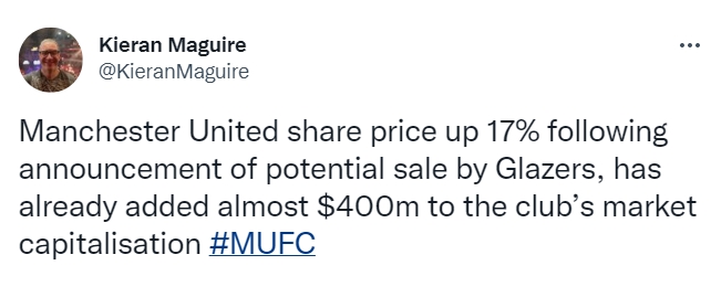 格雷泽宣布考虑出售球队后，曼联股价暴涨17%+市值大增4亿美元