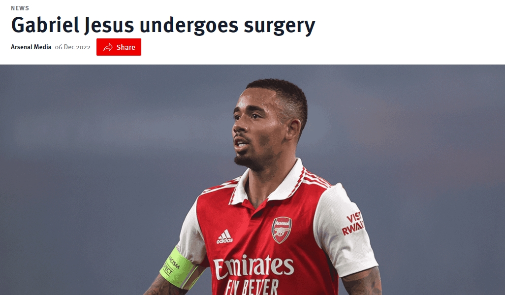阿森纳官方：热苏斯已接受右膝手术，预计缺席三个月