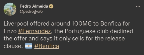 葡记者：利物浦约1亿欧报价恩佐遭拒，本菲卡坚持1.2亿解约金放人