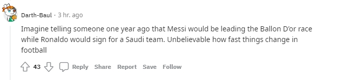 球迷热议：一年前你敢想象梅西领跑金球、C罗签约沙特球队吗...