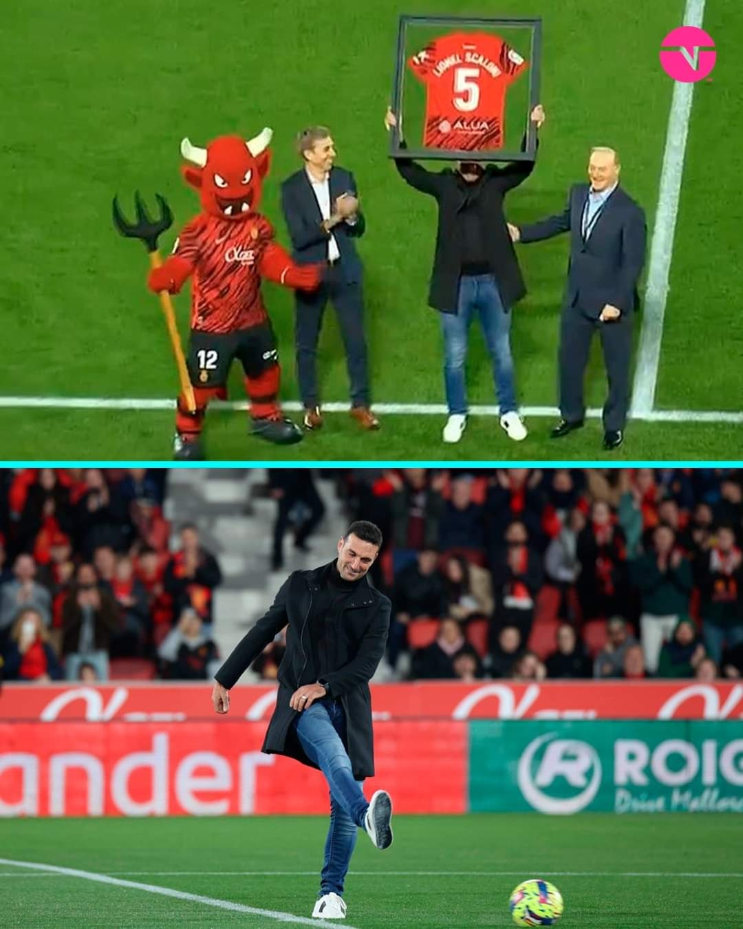 斯卡洛尼为马洛卡比赛开球，他曾在该队效力一年半时间