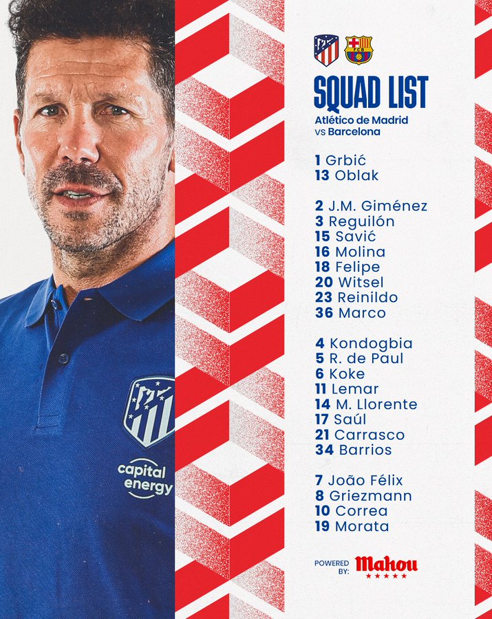 马竞主场战巴萨大名单：菲利克斯、格列兹曼、莫拉塔三将领衔锋线