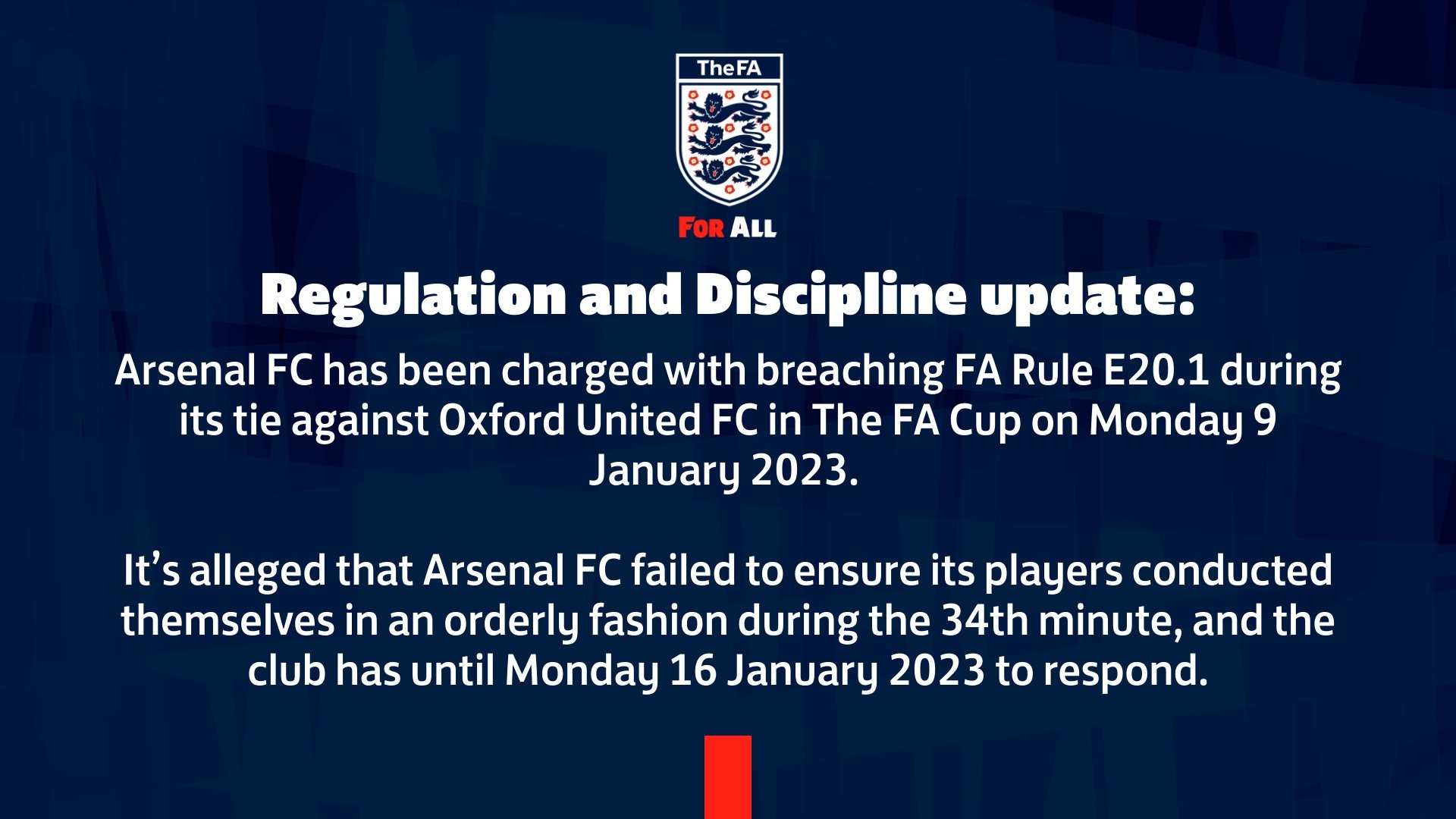英足总官方：指控阿森纳在对阵牛津联的比赛中未能约束球员行为