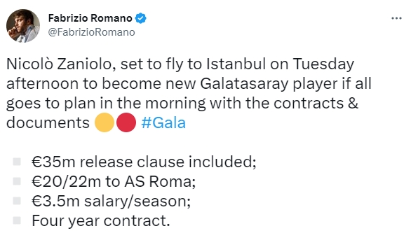 罗马诺：扎尼奥洛将加盟加拉塔萨雷，转会费2200万欧