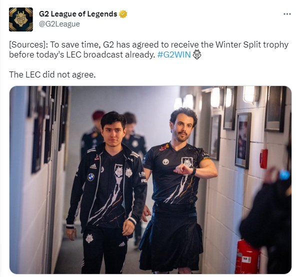 G2官推整活：为了节省时间 G2同意接受LEC冬季赛的奖杯