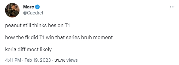 前XL打野Caedrel看T1战胜GEN：Peanut还以为他仍然呆在T1