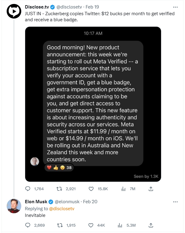 马斯克回应脸书CEO扎克伯格抄袭推特蓝V付费认证:不可避免