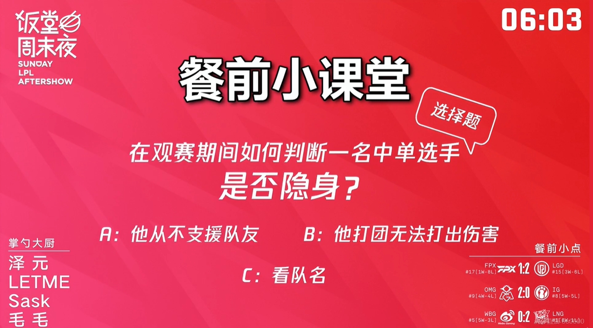 官方开团TES？直播间提问：如何判断一名中单选手是否隐身？