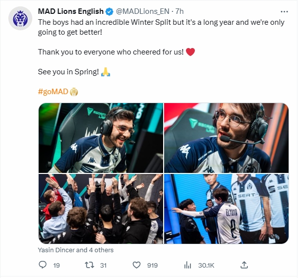 MAD众选手发文告别冬季赛：今天打太臭了，我相信G2会赢得MSI冠军