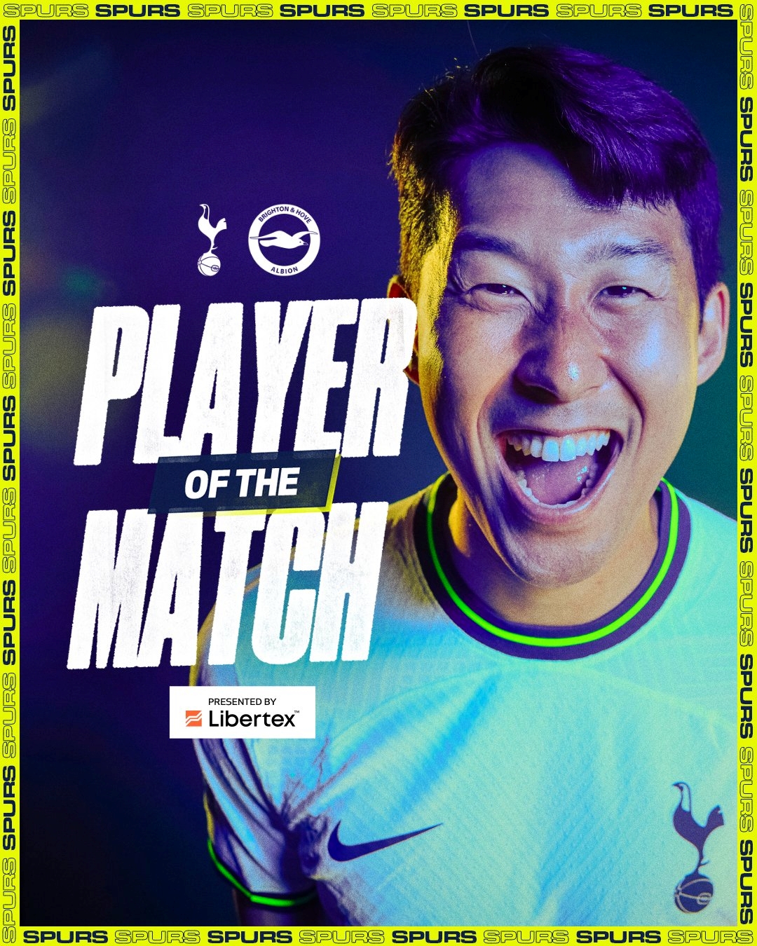 达成英超百球!孙兴慜当选对布莱顿一役热刺队内最佳球员