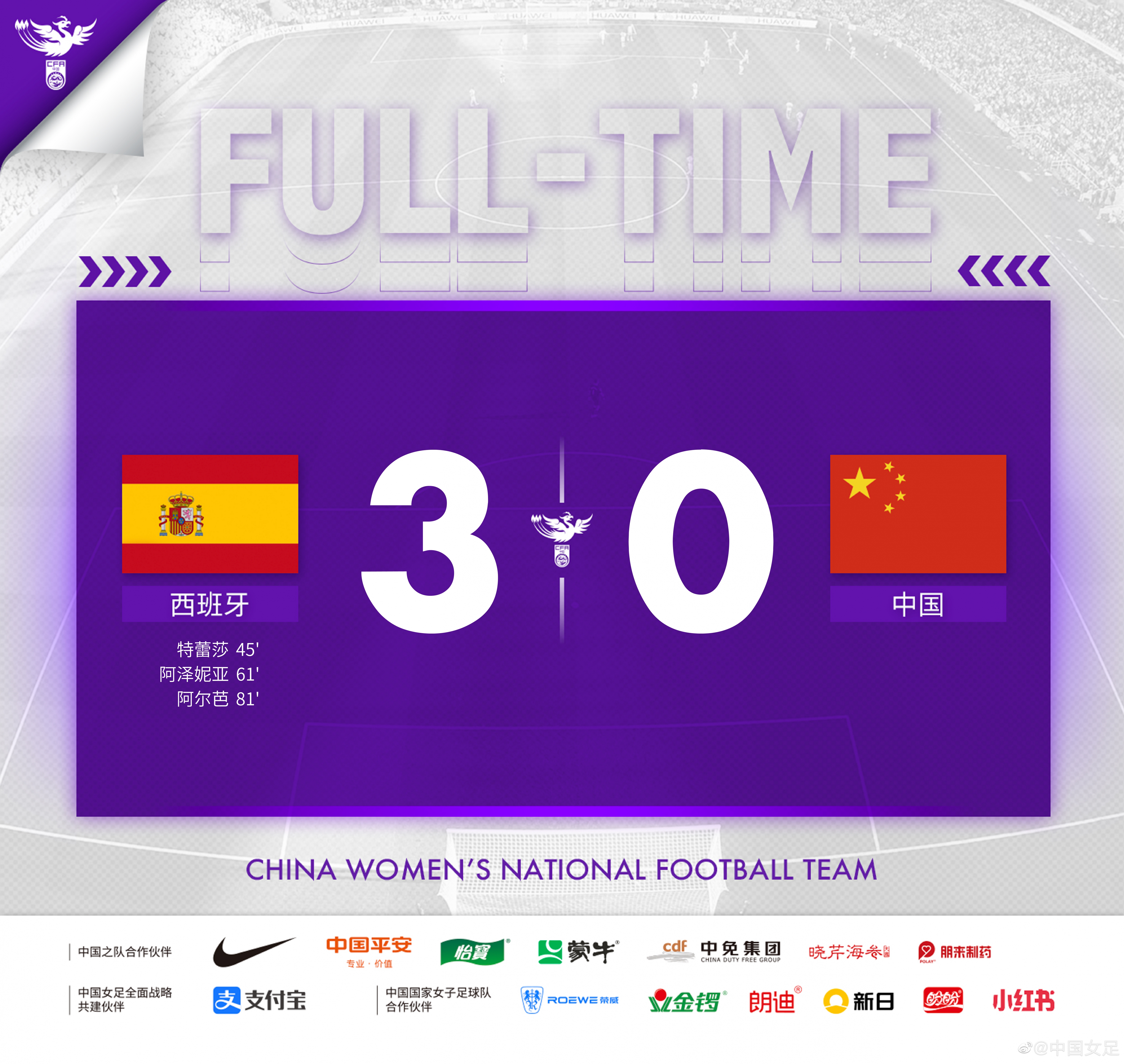 中国国家女子足球队场热身赛0:3负于西班牙女足