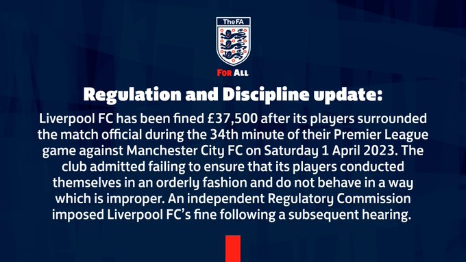 英足总官方：利物浦因球员围攻裁判被罚款37500英镑