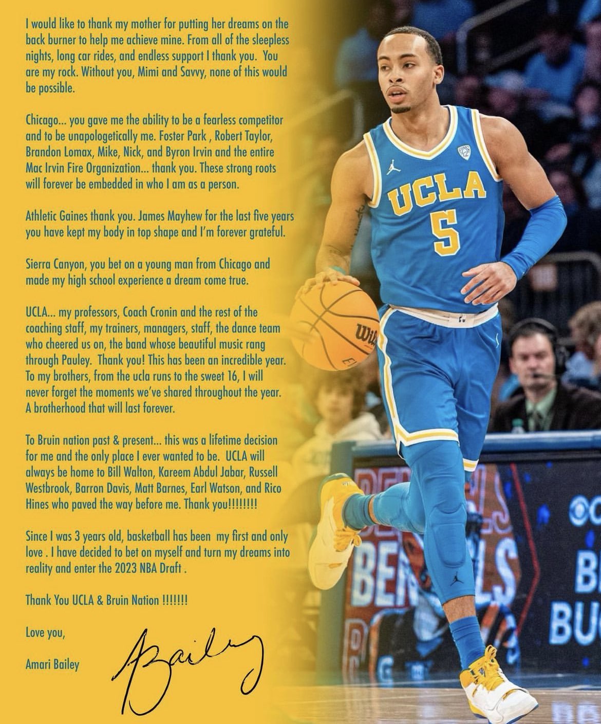 UCLA后卫阿马里-贝利宣布参加NBA选秀 专家称其为潜在首轮秀