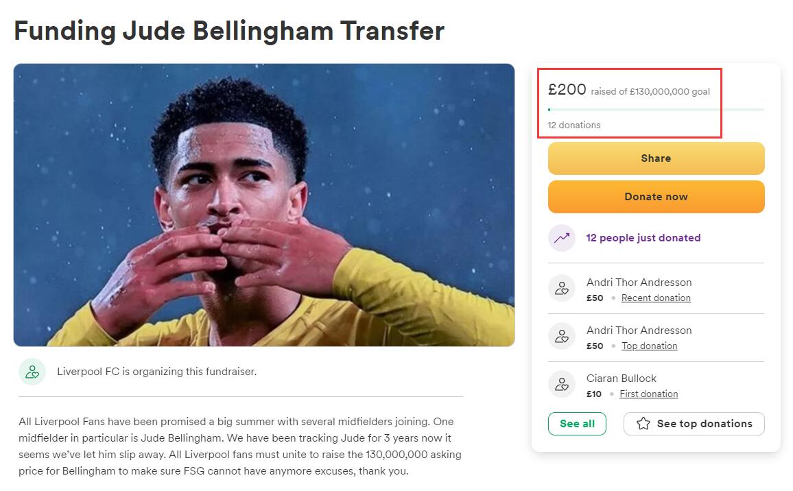 众人拾柴火焰高！利物浦球迷众筹签贝林厄姆，1.3亿镑已筹200镑
