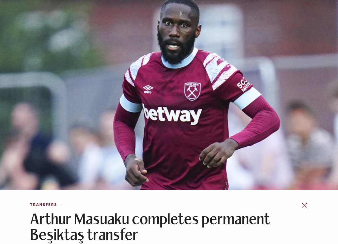 西汉姆联官方:后卫马苏亚库永久转会贝西克塔斯