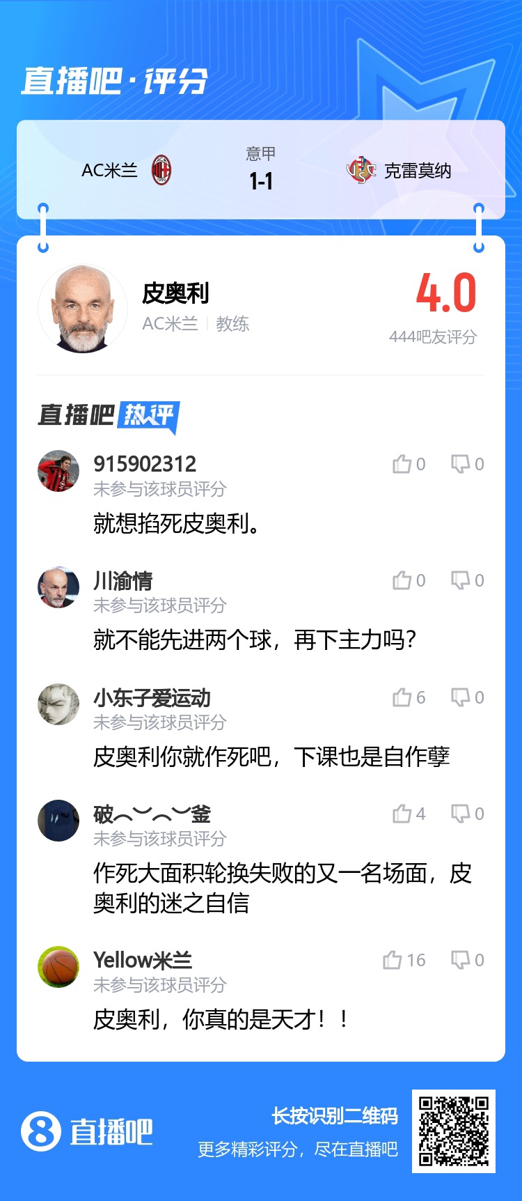 吧友点评皮奥利:4.0分不及格!作死大轮换失败,迷之自信