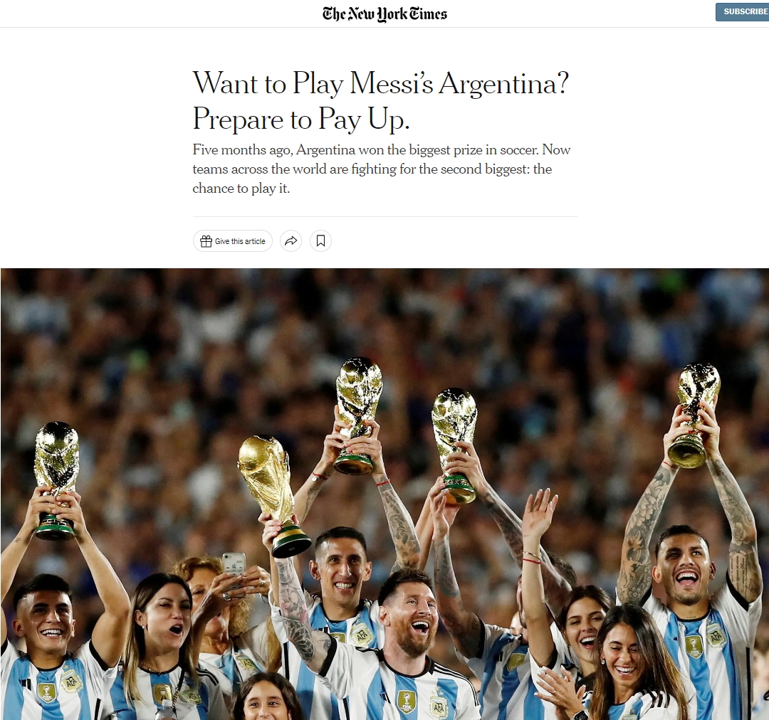 纽约时报：阿根廷单场出场费500万美元+，最可能去中国踢澳大利亚