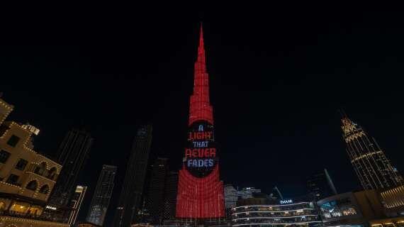 米兰全球发起“永不褪色的光芒”活动，迪拜塔点亮红灯为欧冠加油