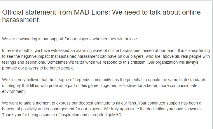 LEC春冠战队MAD发公告谈网络骚扰问题：我们坚定不移的支持选手