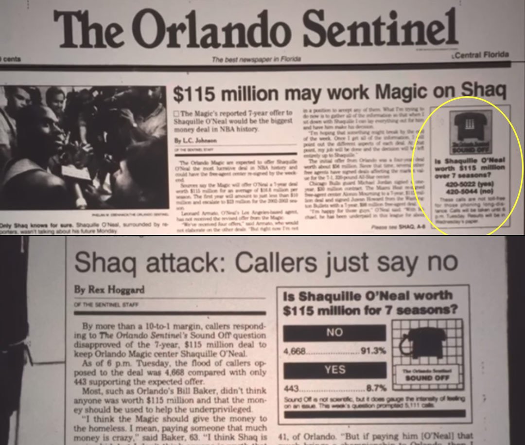 96年魔術當地報紙民意調查：奧尼爾值7年1億嗎？91%球迷認為不值