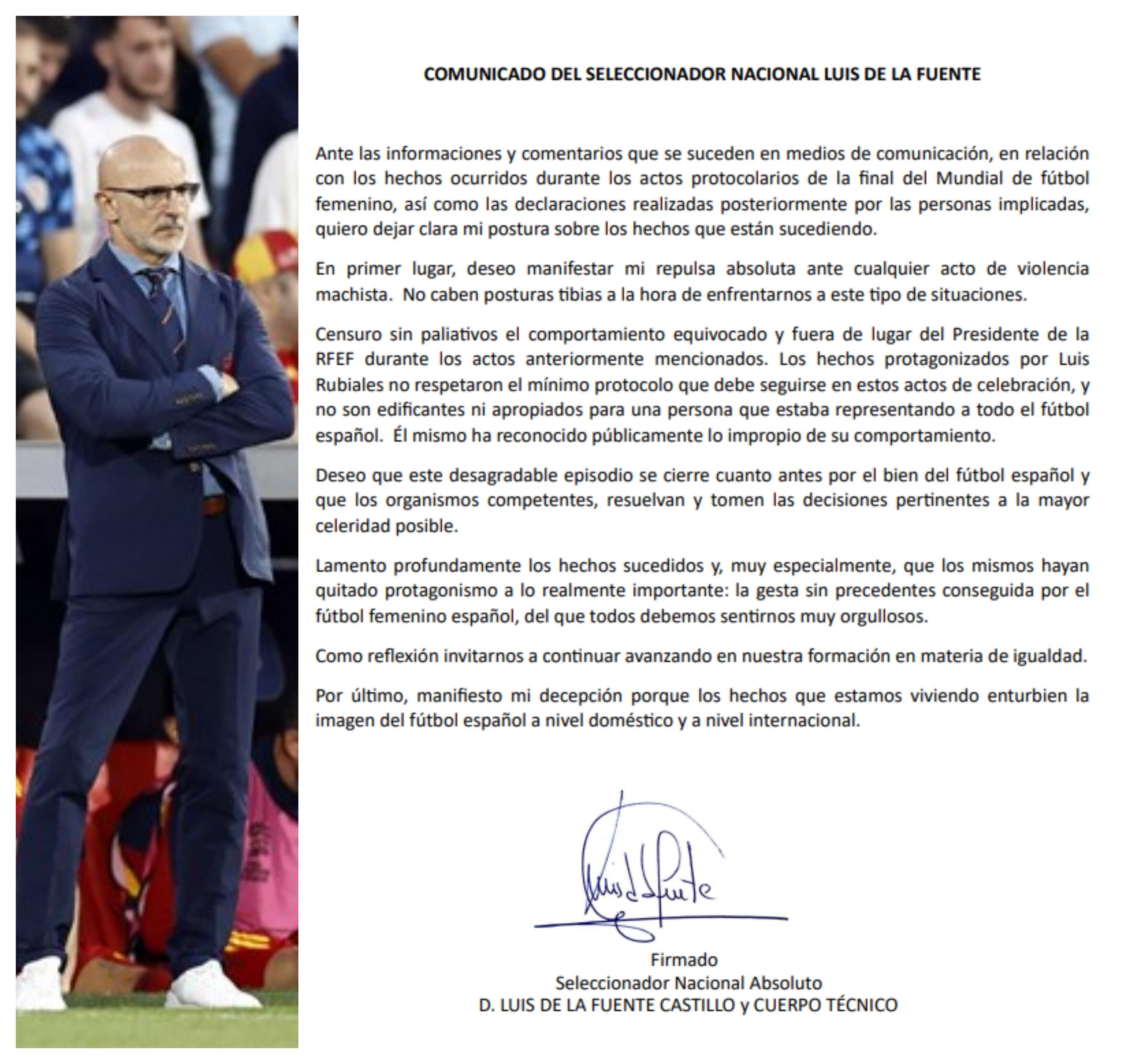 德拉富恩特声明:卢比亚莱斯的行为玷污了西班牙足球的国际形象