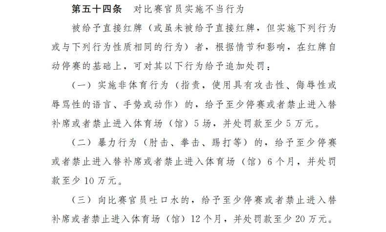 足协官方纪律准则:辱骂比赛官员禁赛至少5场，替补席球员从重处罚