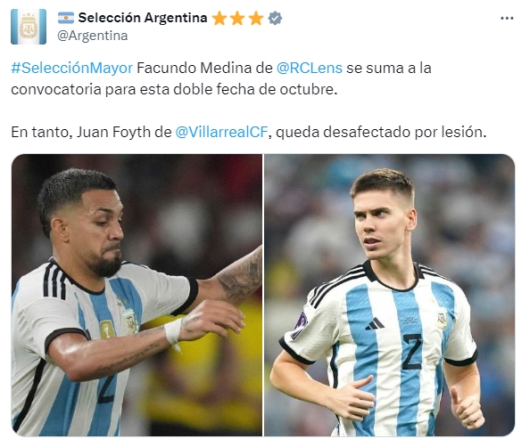 官方：福伊斯因伤退出本期阿根廷队，补招朗斯后卫梅迪纳