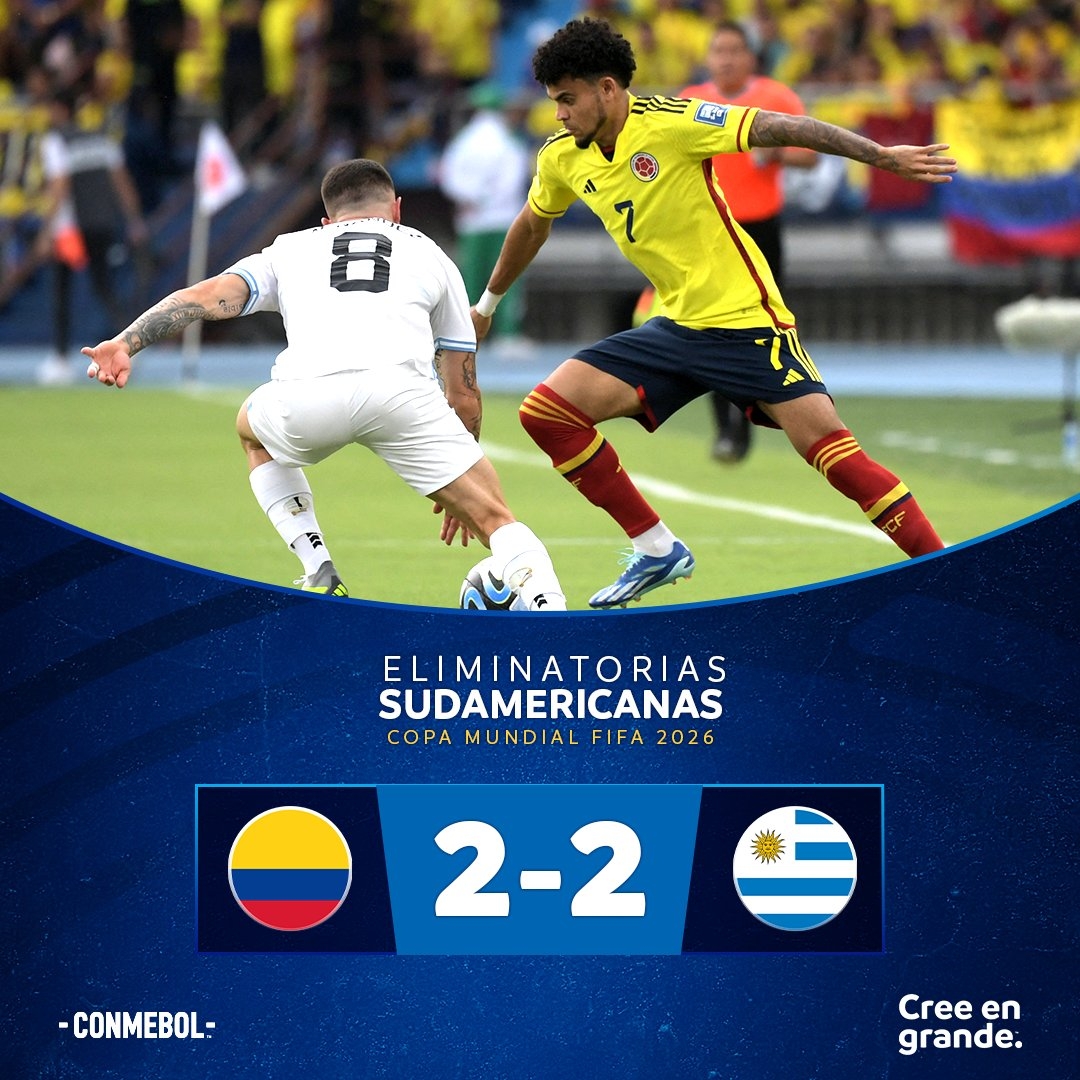 世预赛-哥伦比亚两度领先2-2遭乌拉圭绝平 J罗传射努涅斯补时点射