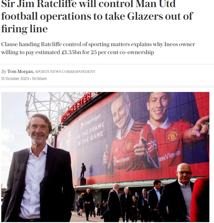 再见格雷泽❗电讯：拉特克利夫要求接管曼联 将13.5亿镑买25%股份