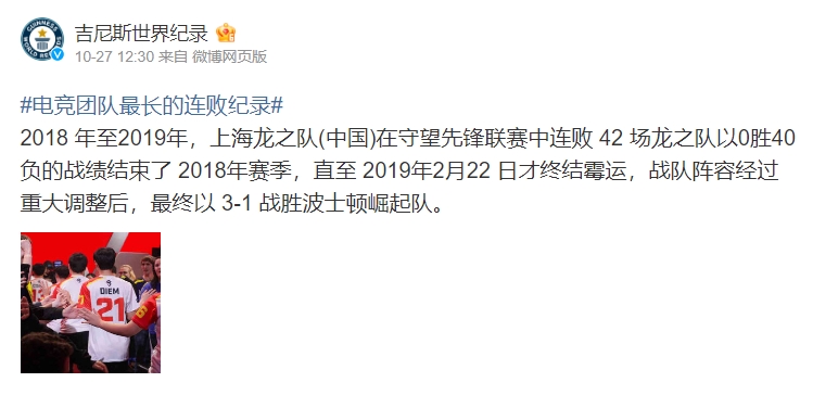 电竞团队最长的连败纪录！上海龙之队联赛42连败被吉尼斯官方认证