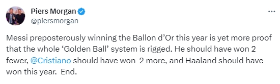 摩根：梅西今年拿奖证明金球体系被操纵，他应少拿2座C罗应多拿2座