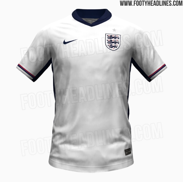 英格兰队2024欧洲杯主场球衣谍照：白色为主色+蓝与红点缀