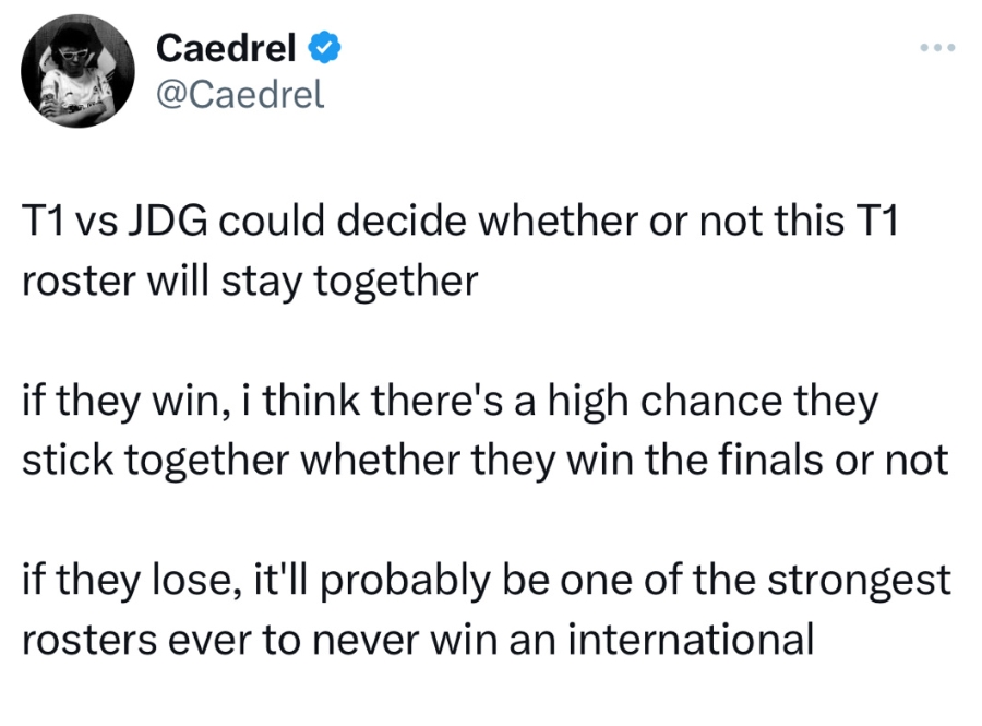 欧刚更推：如果T1输了 这可能是他们从未赢得过世界赛的最强阵容之一