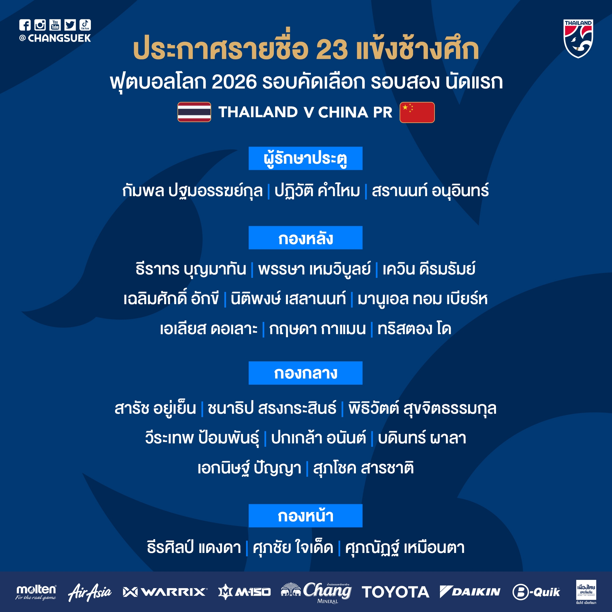 泰国公布战国足23人名单：老将当达领衔，共4名海外球员