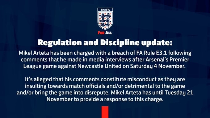 🚨官方：阿尔特塔在对纽卡赛后侮辱比赛官员，被英足总指控