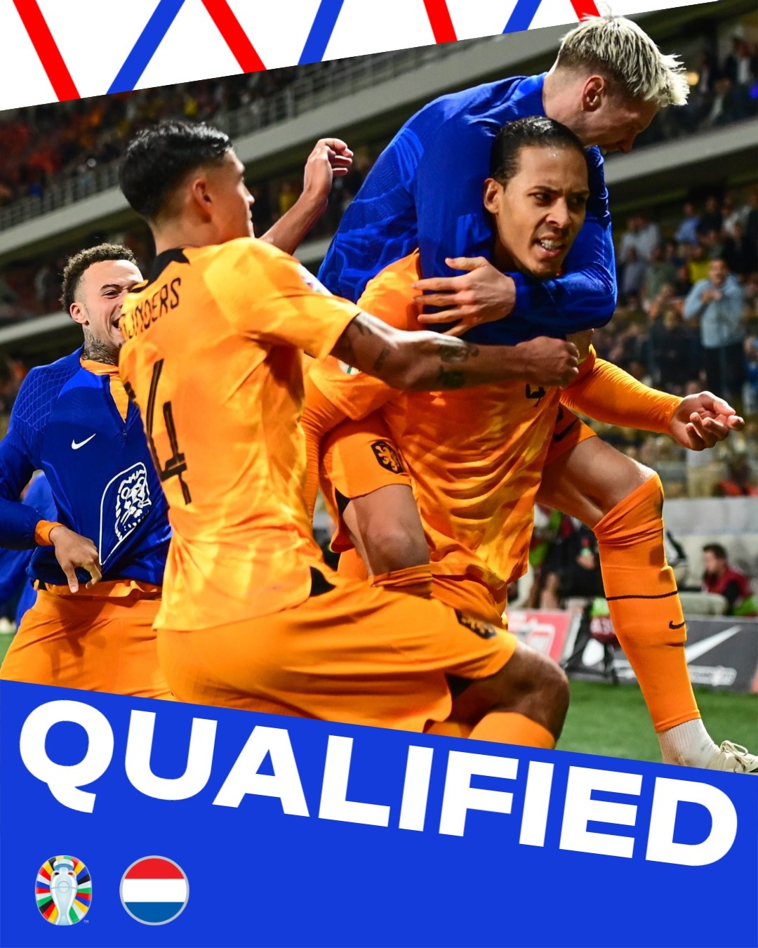荷兰队史第11次参加欧洲杯正赛，仅少于14次的德国和12次的西班牙